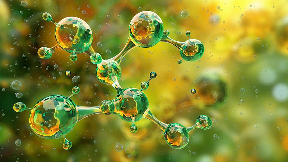 A group of green and yellow hydrogen molecules